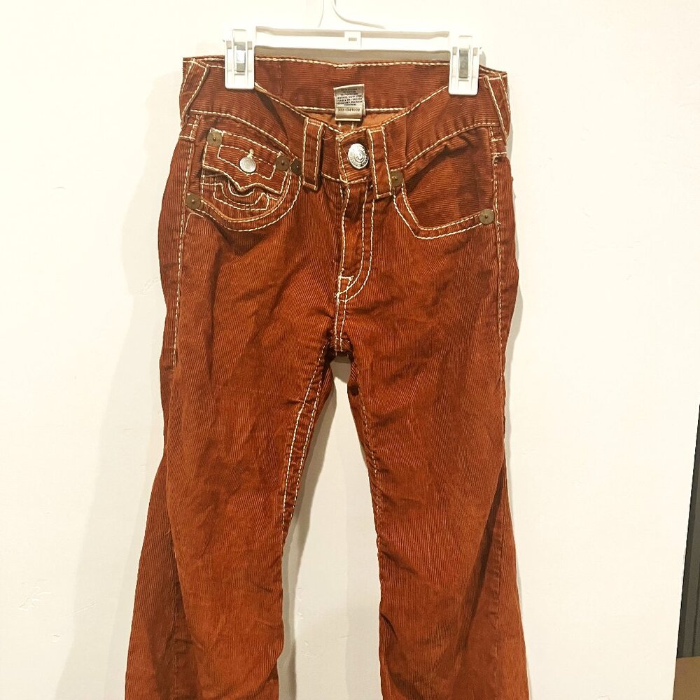 Orange Corduroy True Religion Flared Jeans